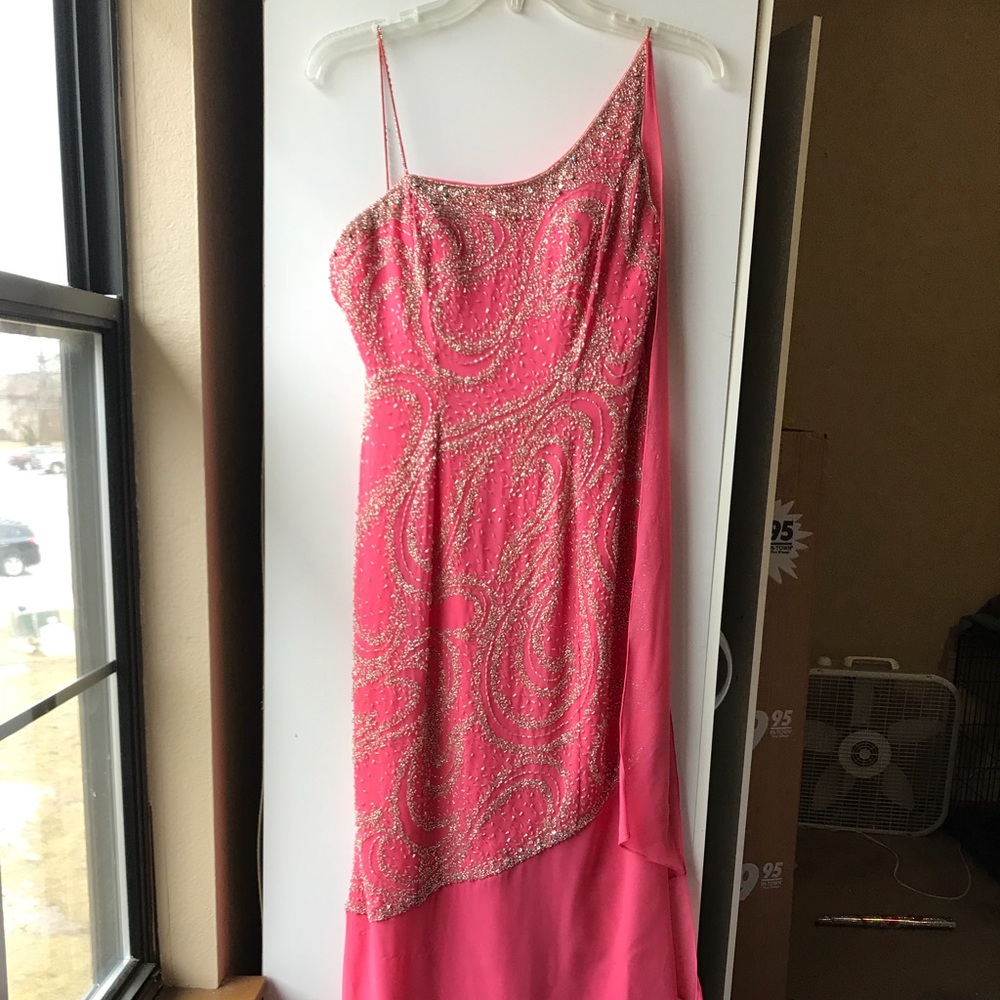 Pink fitted hand beaded prom dress one shoulder